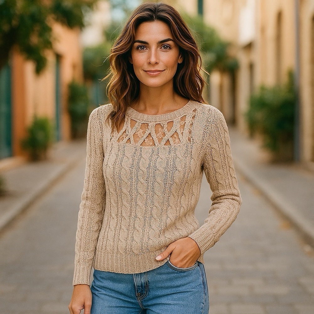 🍂LC Lauren Conrad Beige Cable-Knit Sweater with Lace Yoke — Size XS